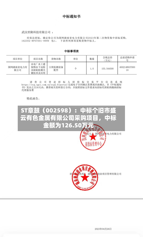 ST章鼓（002598）：中标个旧市盛云有色金属有限公司采购项目，中标金额为126.50万元-第2张图片